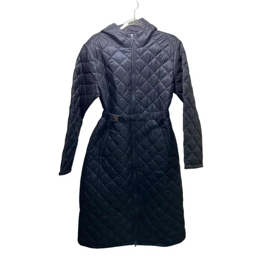 Puffer Quilted Buckle Long Coat Belted Preppy Lightweight Fifted Womens M Black‎